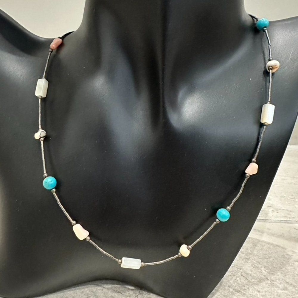 Vintage 70s Sterling Silver Coral Turquoise Mother Pearl Heishi Bead Necklace